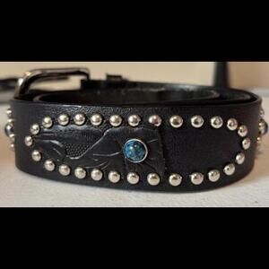 Express Biker Belt Women M Black Leather Grommet Framed Studded Medallion Blue